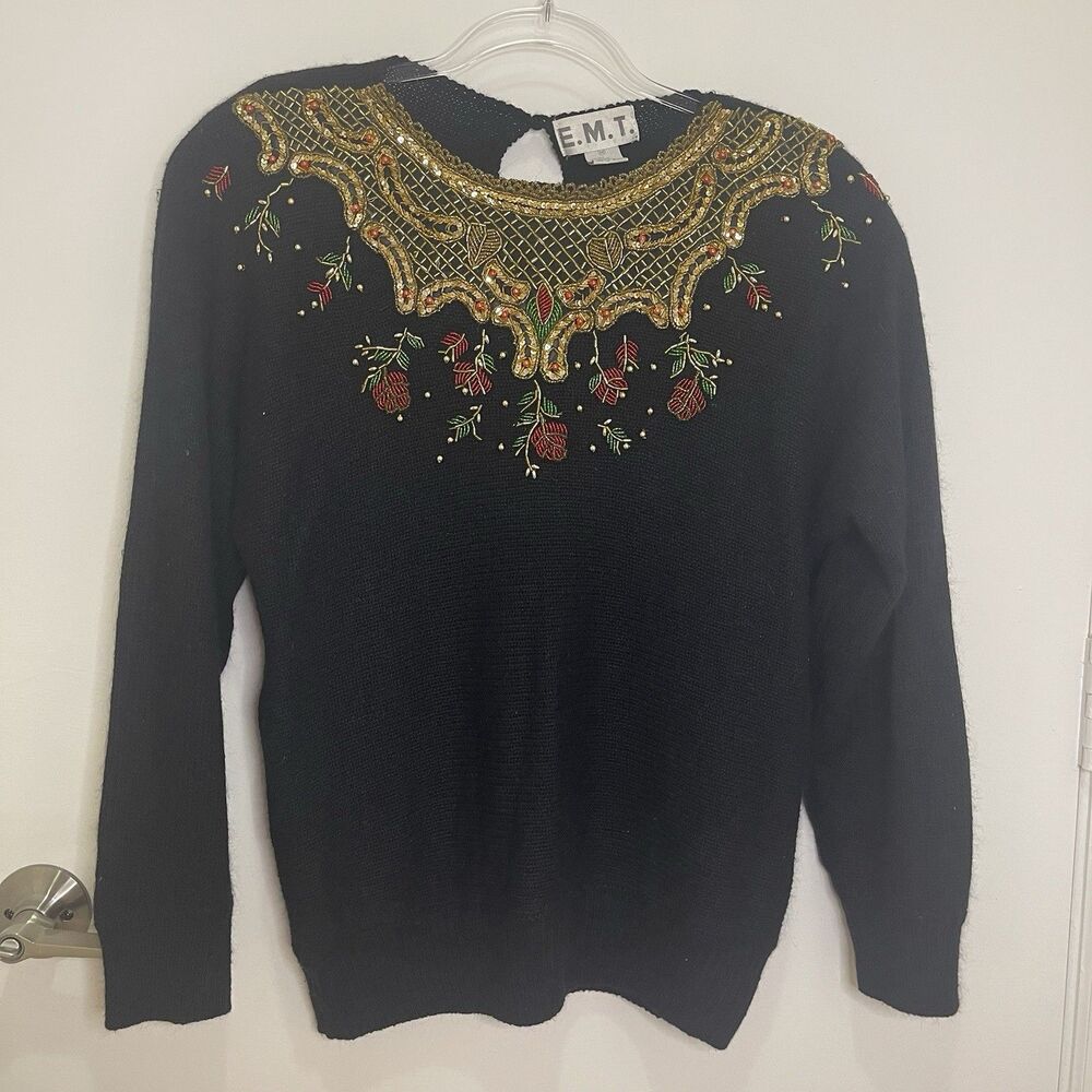 EMT Silk Angora  Black Christmas Soft Sweater Red Pearl Bead Gold Sequin VTG M